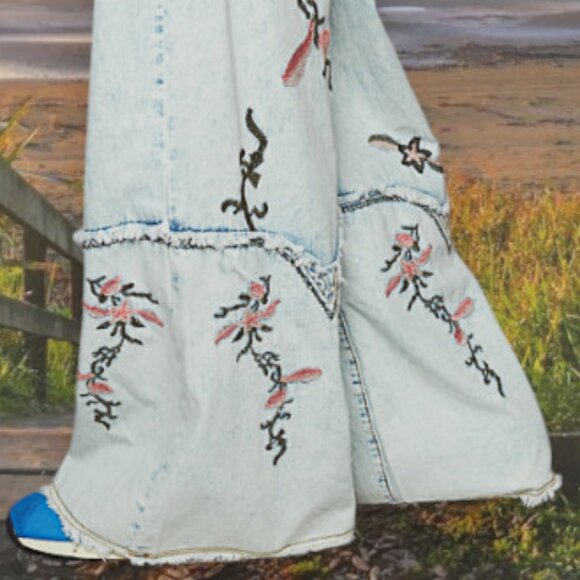 POL Bold Floral Embroider Denim Acid Faded Super Baggy Wide Flare Leg Blue Jeans - Picture 5 of 12